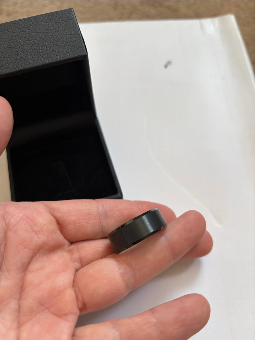 Black tungsten carbide men’s ring with box